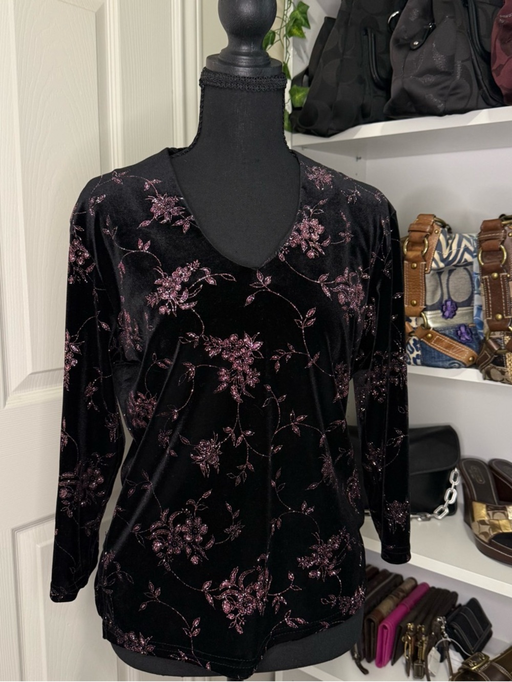Women's Black Velvet V-Neck Blouse with Pink Floral Detail